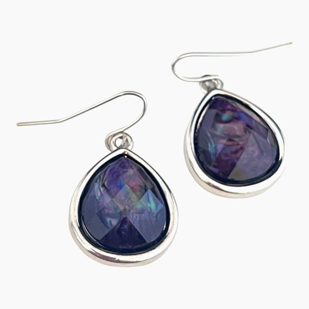 New Silver Tone Earrings Iridescent Faceted Bead - 8R